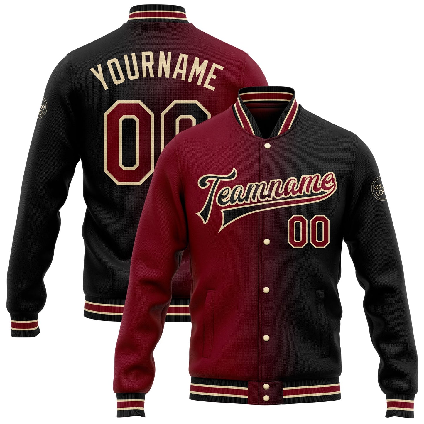 Custom Black Crimson-City Cream Bomber Full-Snap Varsity Letterman Gradient Fashion Jacket - Main View