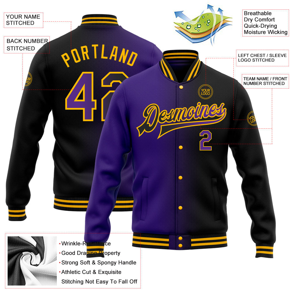 Custom Black Purple-Gold Bomber Full-Snap Varsity Letterman Gradient Fashion Jacket view 5