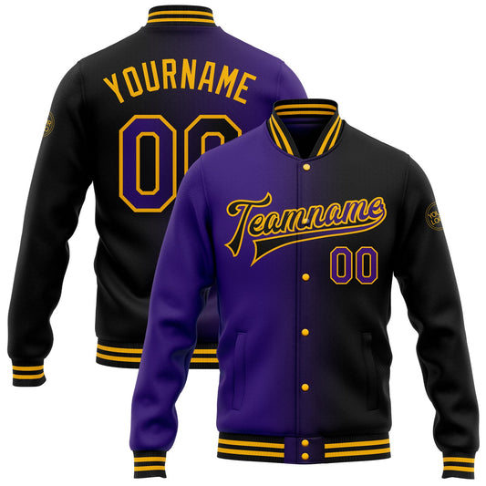 Custom Black Purple-Gold Bomber Full-Snap Varsity Letterman Gradient Fashion Jacket - Main View