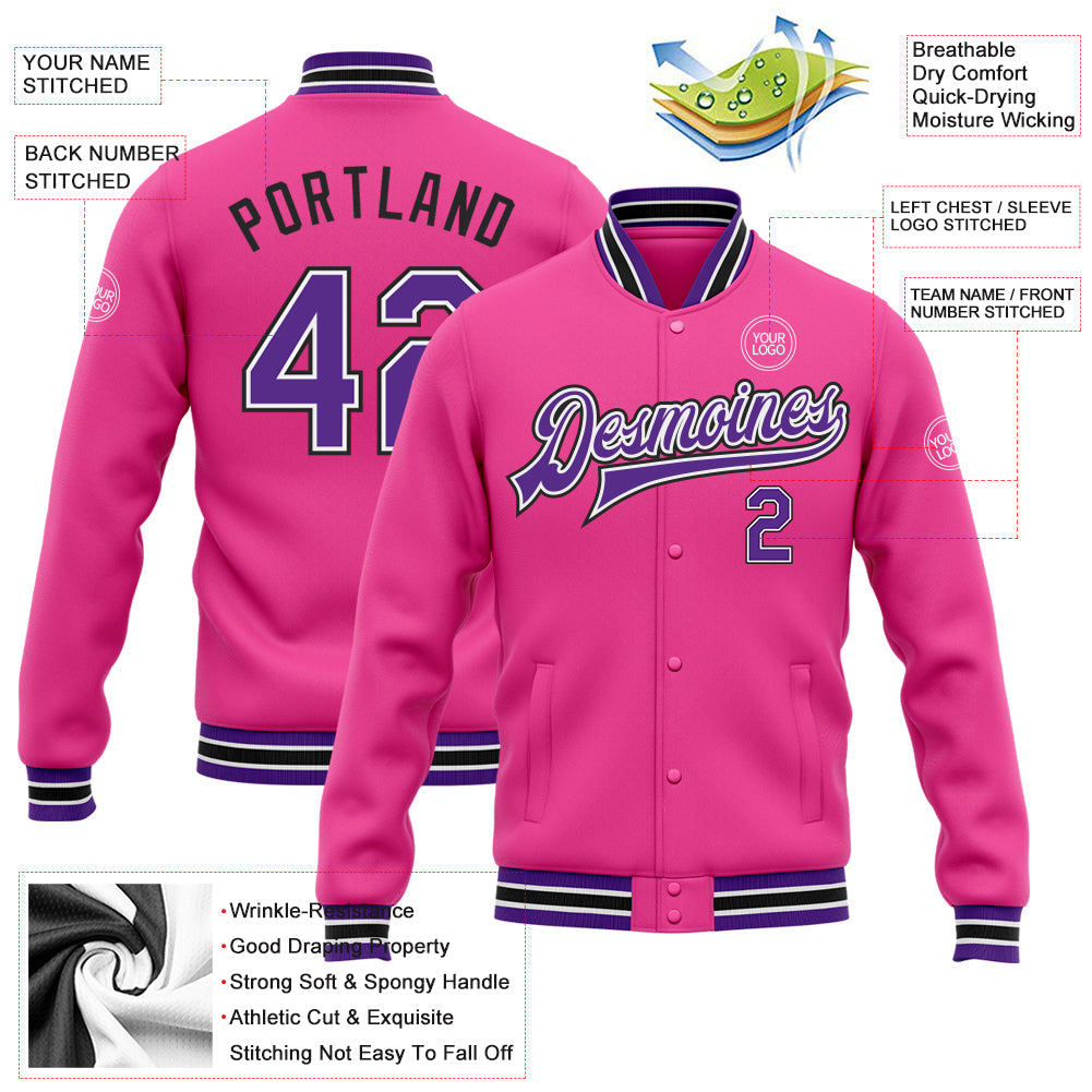 Custom Pink Purple-Black Bomber Full-Snap Varsity Letterman Jacket view 5