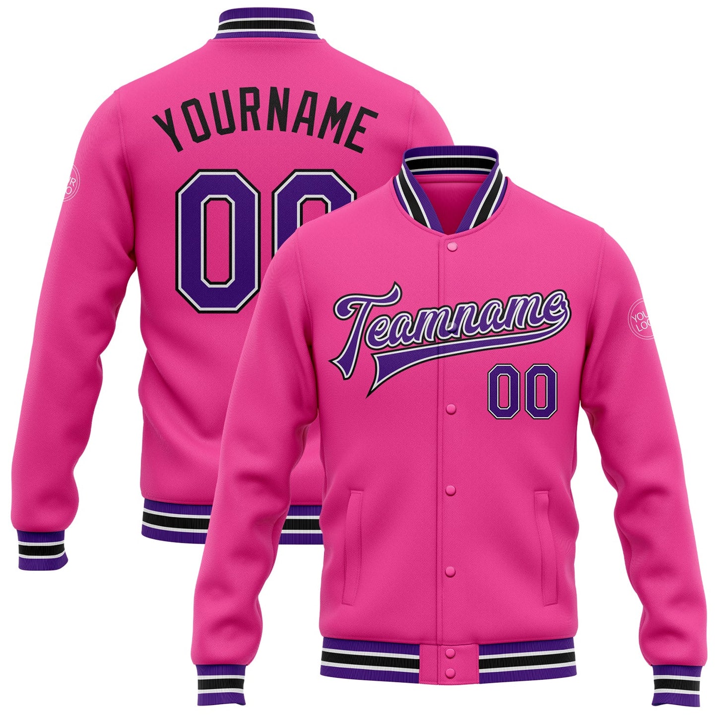 Custom Pink Purple-Black Bomber Full-Snap Varsity Letterman Jacket - Main View