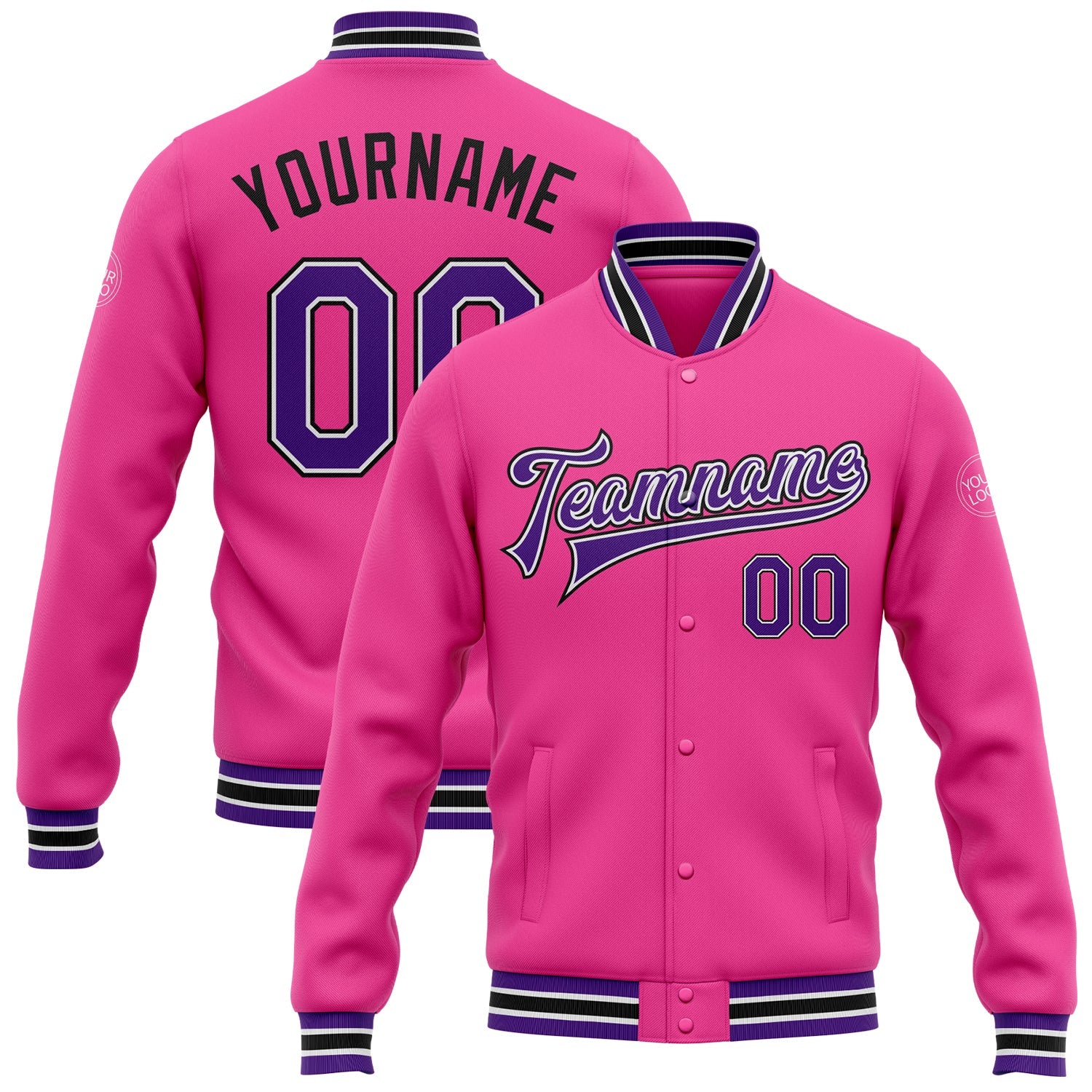 Custom Pink Purple-Black Bomber Full-Snap Varsity Letterman Jacket - Main View