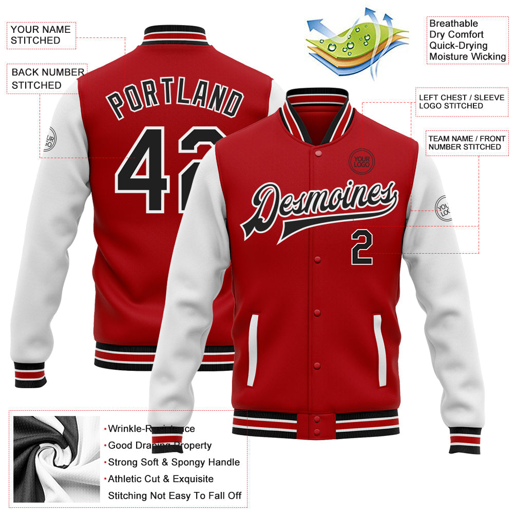 Custom Red Black-White Bomber Full-Snap Varsity Letterman Two Tone Jacket view 5