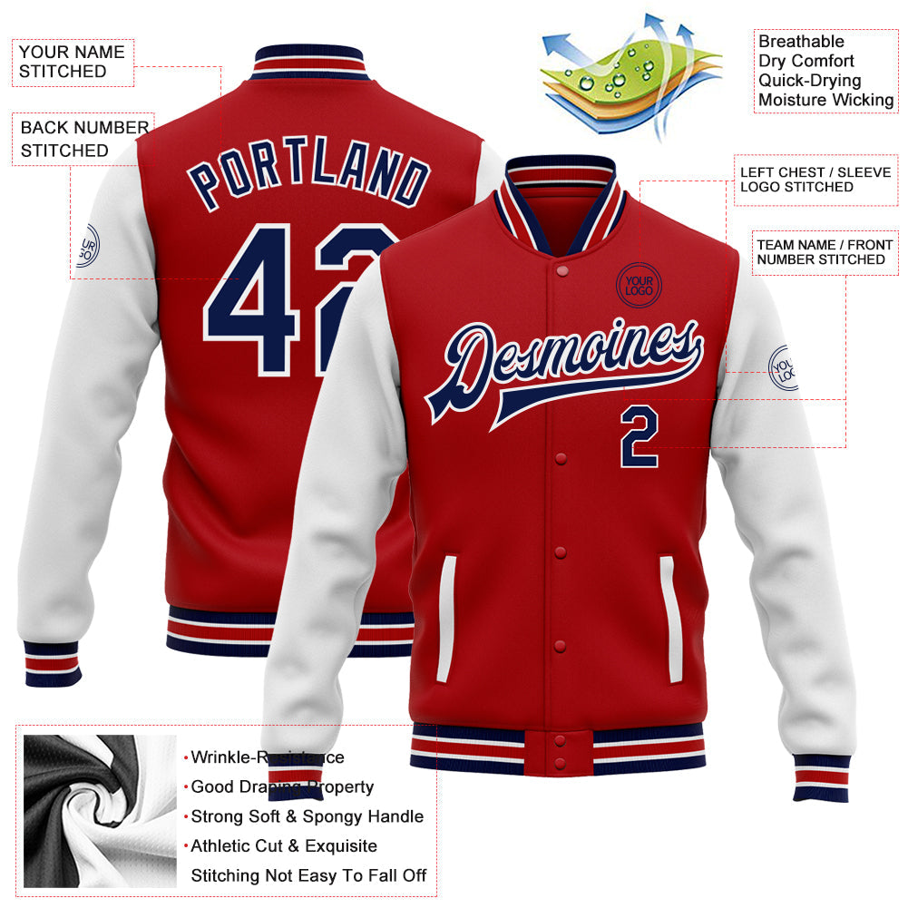 Custom Red Navy-White Bomber Full-Snap Varsity Letterman Two Tone Jacket view 5