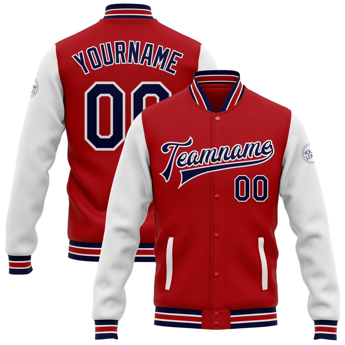 Custom Red Navy-White Bomber Full-Snap Varsity Letterman Two Tone Jacket - Main View