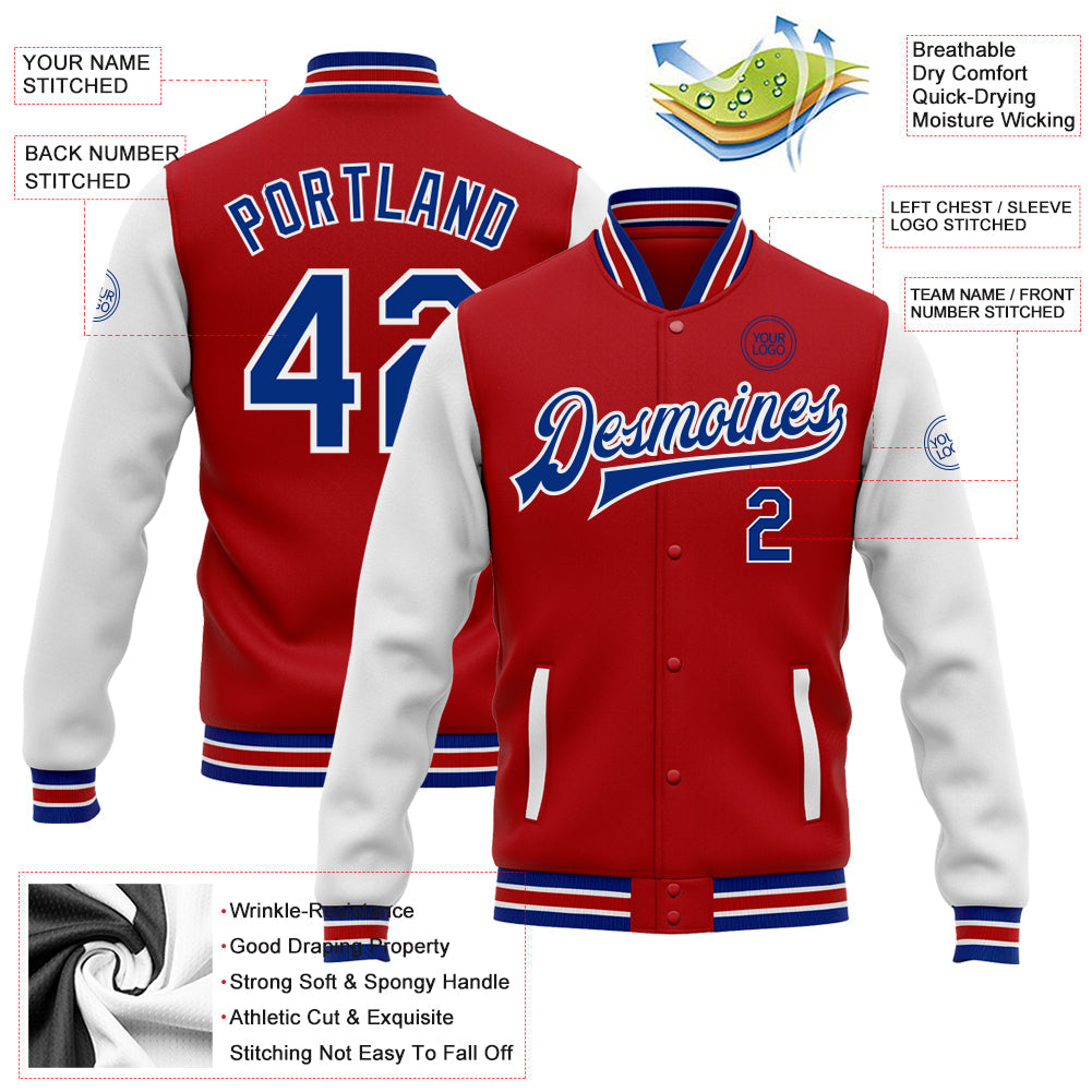 Custom Red Royal-White Bomber Full-Snap Varsity Letterman Two Tone Jacket view 5