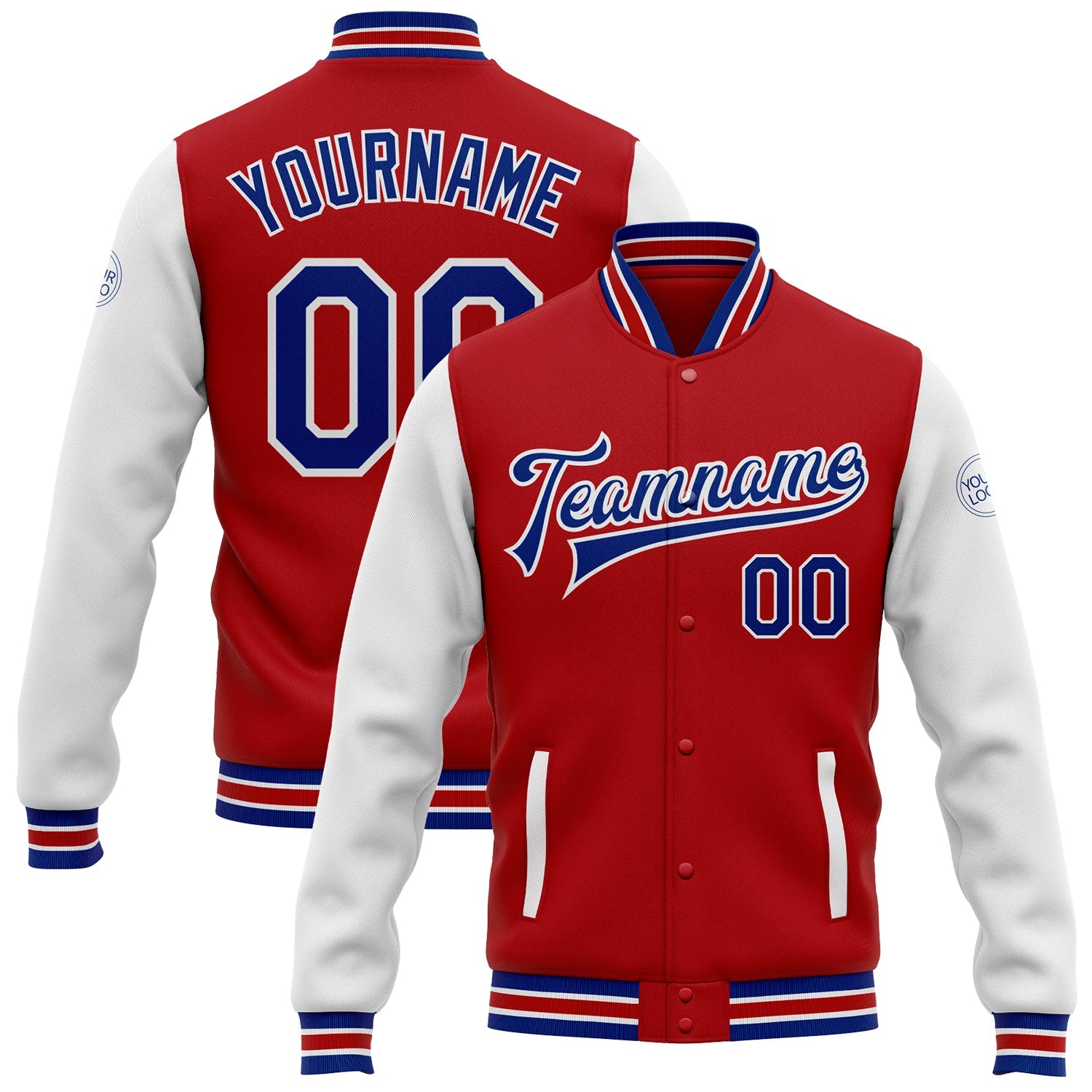 Custom Red Royal-White Bomber Full-Snap Varsity Letterman Two Tone Jacket - Main View