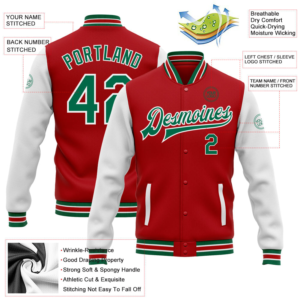 Custom Red Kelly Green-White Bomber Full-Snap Varsity Letterman Two Tone Jacket view 5