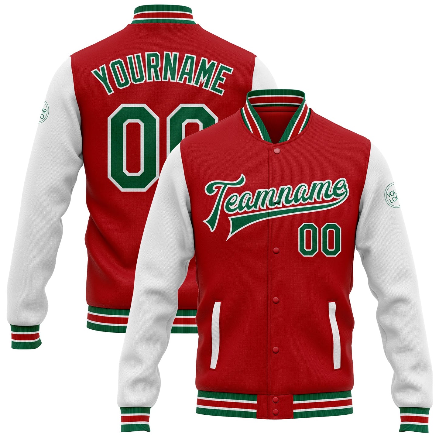Custom Red Kelly Green-White Bomber Full-Snap Varsity Letterman Two Tone Jacket - Main View