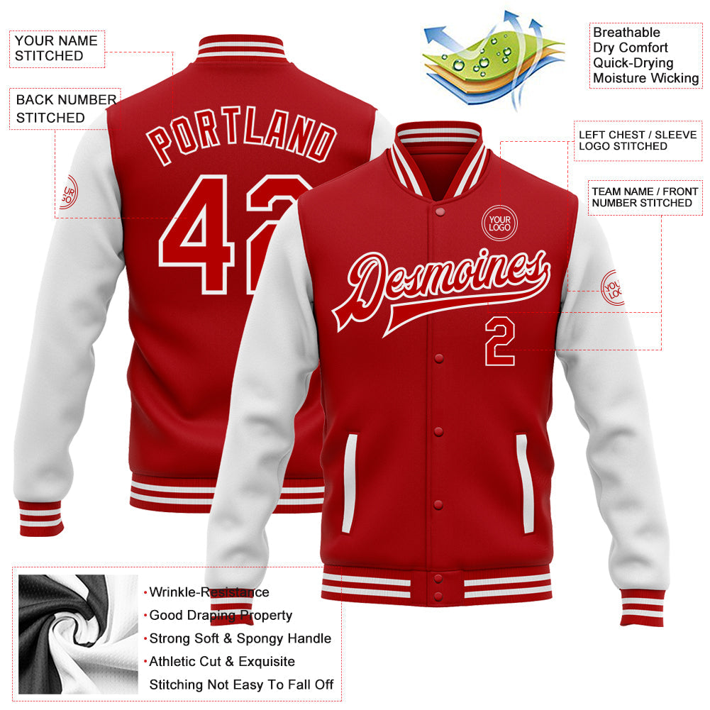 Custom Red White Bomber Full-Snap Varsity Letterman Two Tone Jacket view 5
