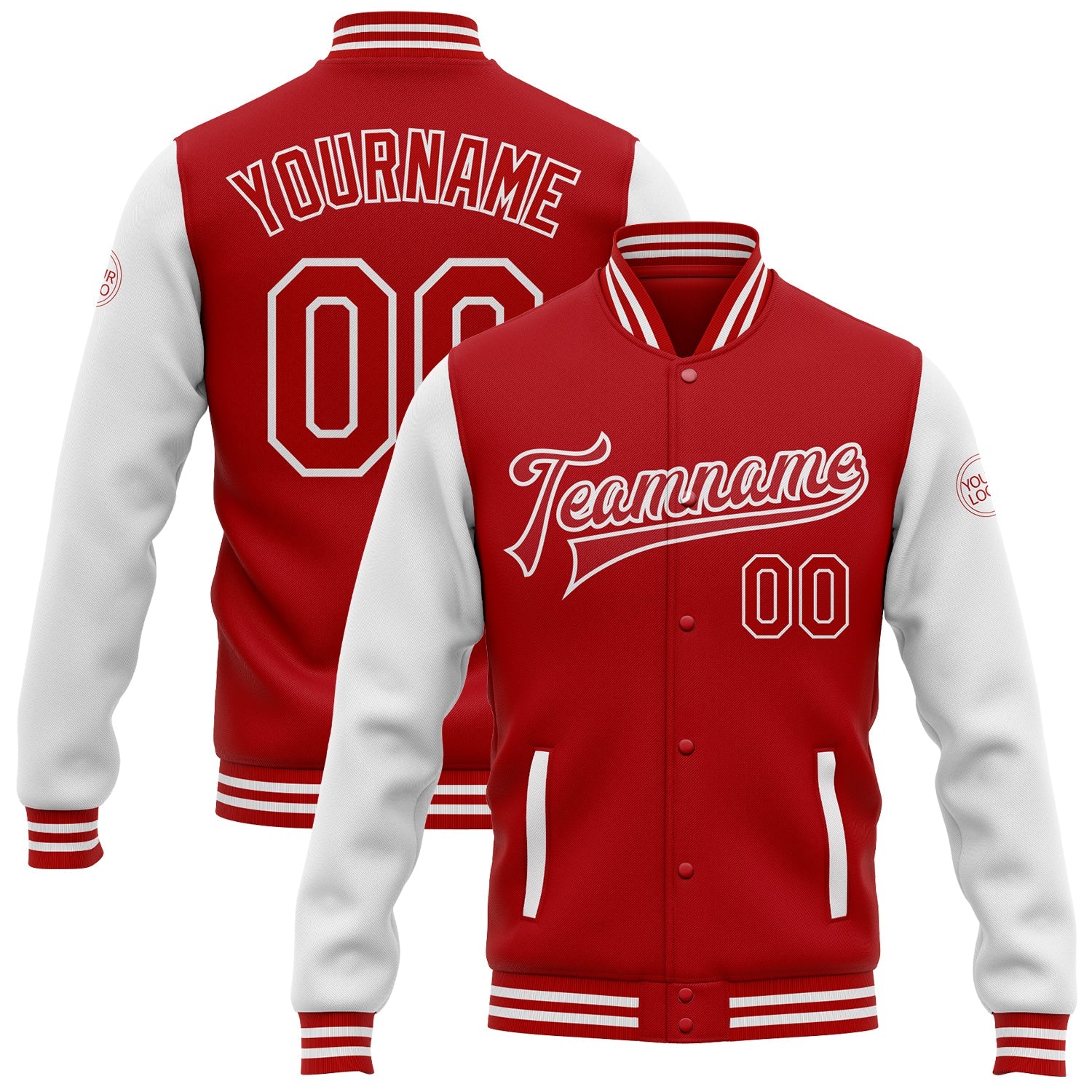 Custom Red White Bomber Full-Snap Varsity Letterman Two Tone Jacket - Main View