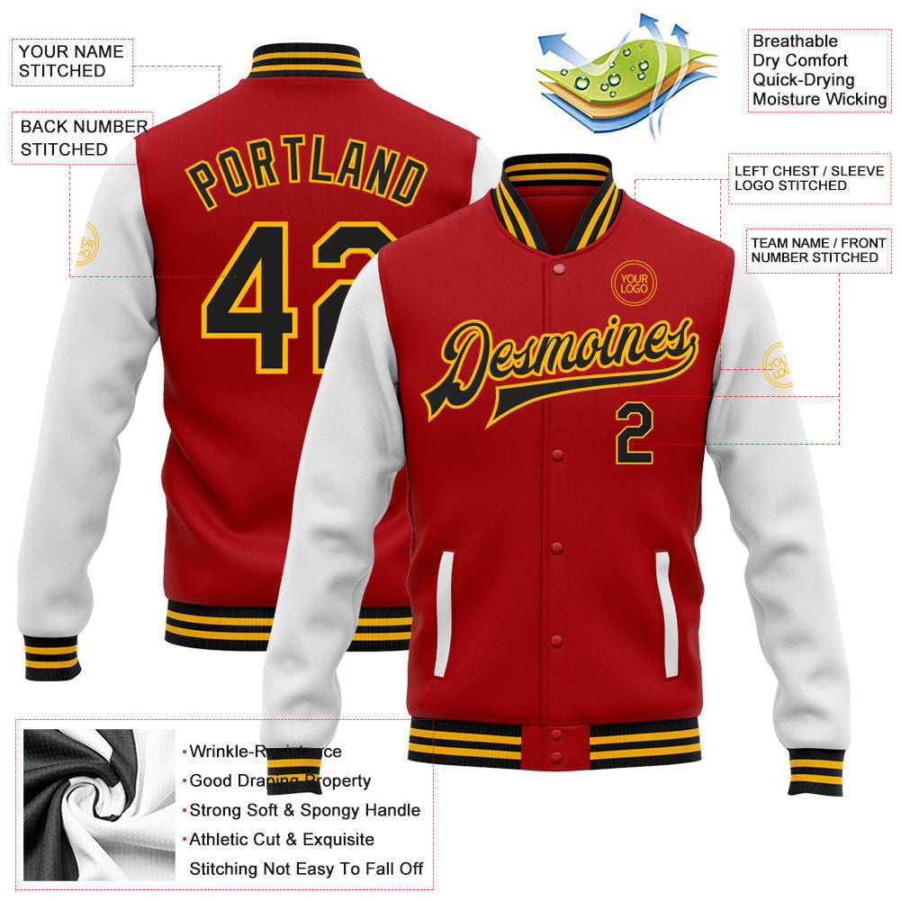 Custom Red Black-Gold Bomber Full-Snap Varsity Letterman Two Tone Jacket view 5