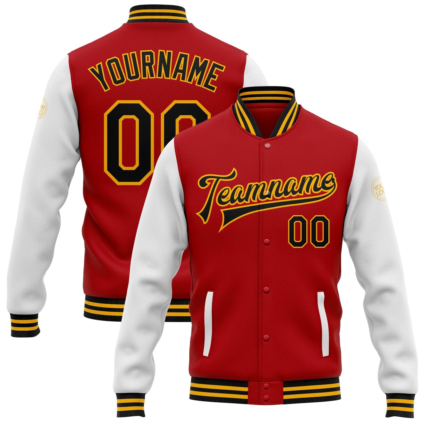 Custom Red Black-Gold Bomber Full-Snap Varsity Letterman Two Tone Jacket - Main View