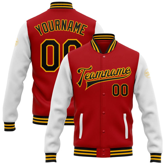 Custom Red Black-Gold Bomber Full-Snap Varsity Letterman Two Tone Jacket - Main View