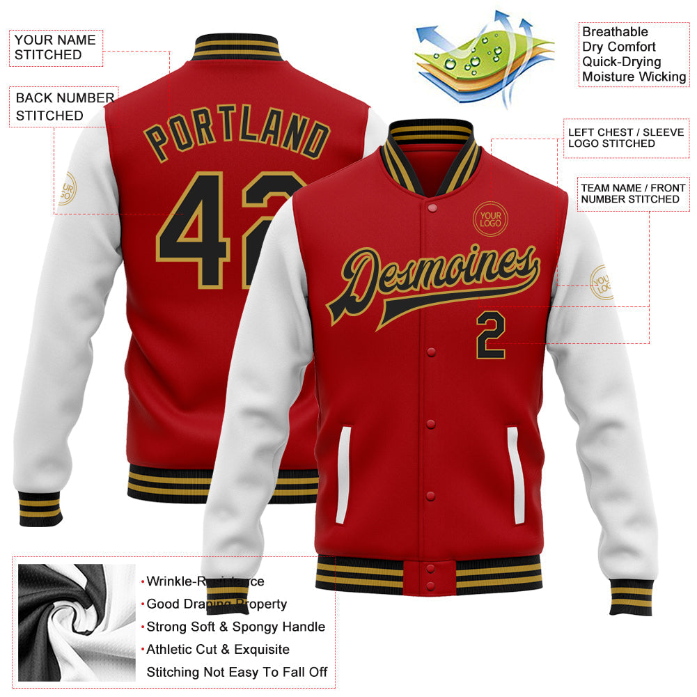 Custom Red Black-Old Gold Bomber Full-Snap Varsity Letterman Two Tone Jacket view 5