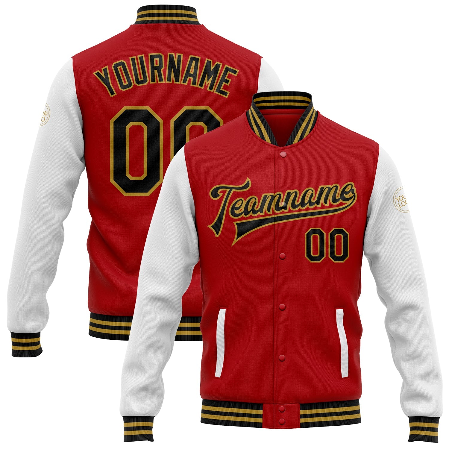 Custom Red Black-Old Gold Bomber Full-Snap Varsity Letterman Two Tone Jacket - Main View