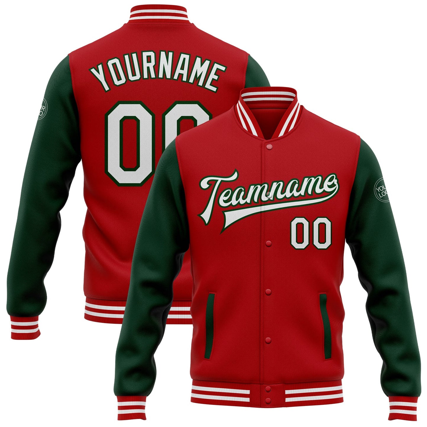 Custom Red White-Green Bomber Full-Snap Varsity Letterman Two Tone Jacket - Main View