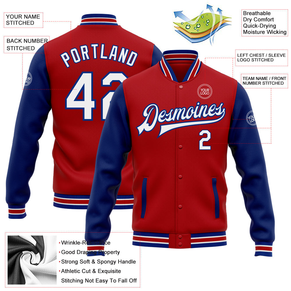 Custom Red White-Royal Bomber Full-Snap Varsity Letterman Two Tone Jacket view 5