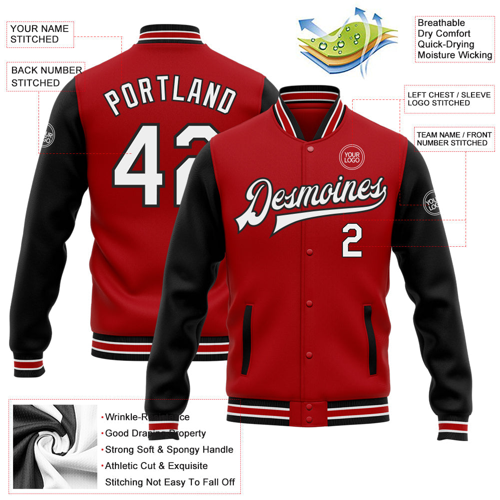 Custom Red White-Black Bomber Full-Snap Varsity Letterman Two Tone Jacket view 5