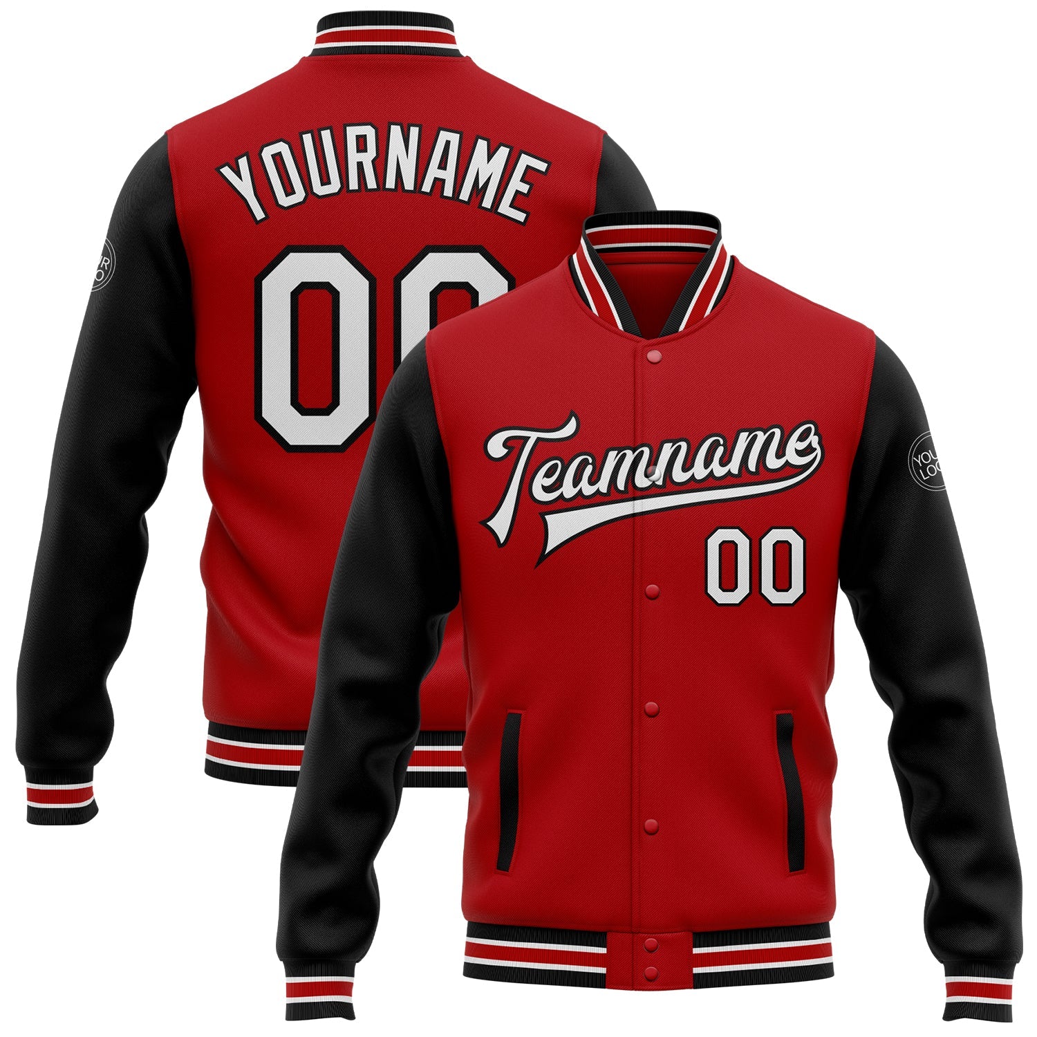 Custom Red White-Black Bomber Full-Snap Varsity Letterman Two Tone Jacket - Main View