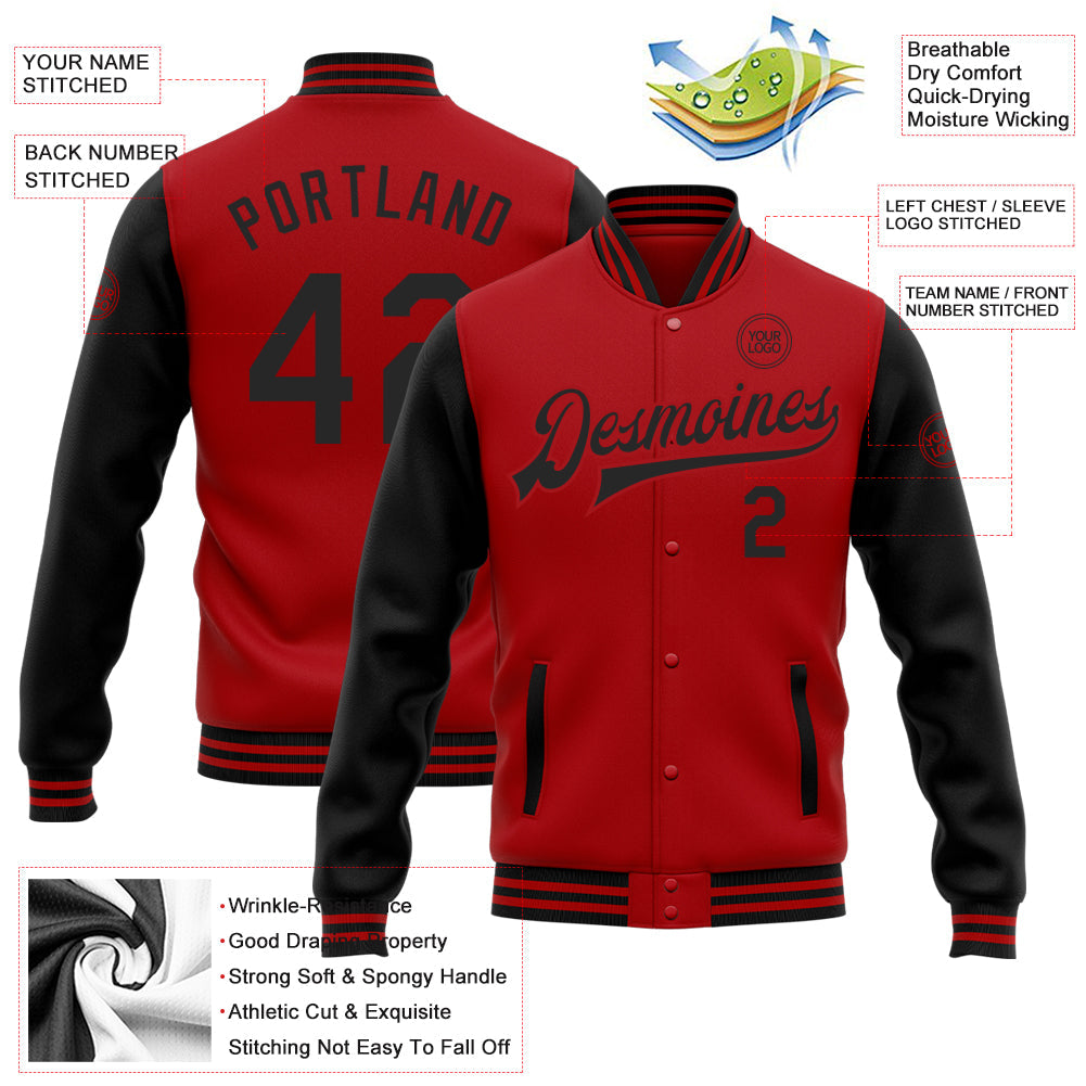 Custom Red Black Bomber Full-Snap Varsity Letterman Two Tone Jacket view 5