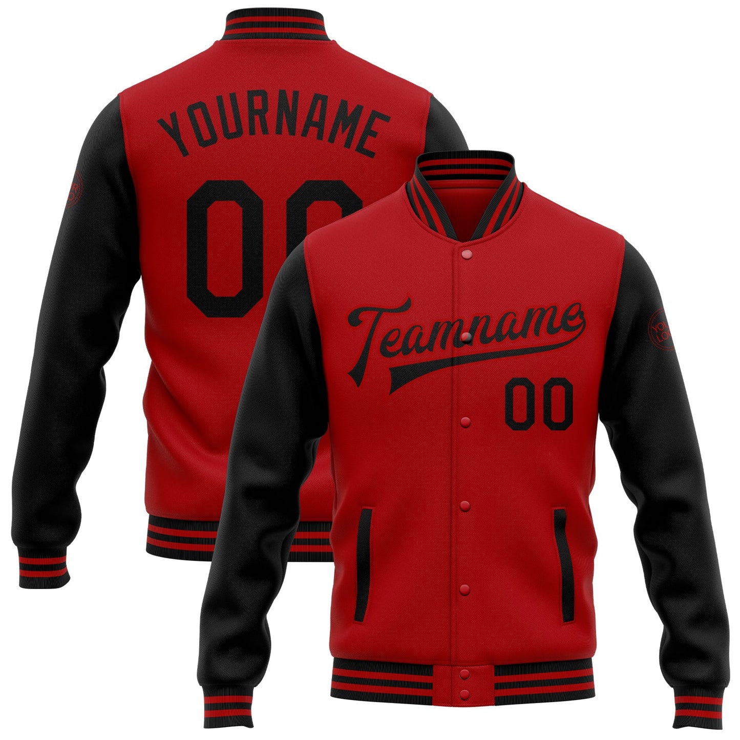 Custom Red Black Bomber Full-Snap Varsity Letterman Two Tone Jacket - Main View