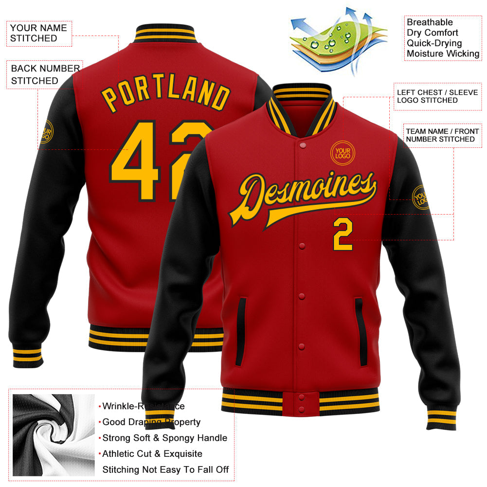Custom Red Gold-Black Bomber Full-Snap Varsity Letterman Two Tone Jacket view 5
