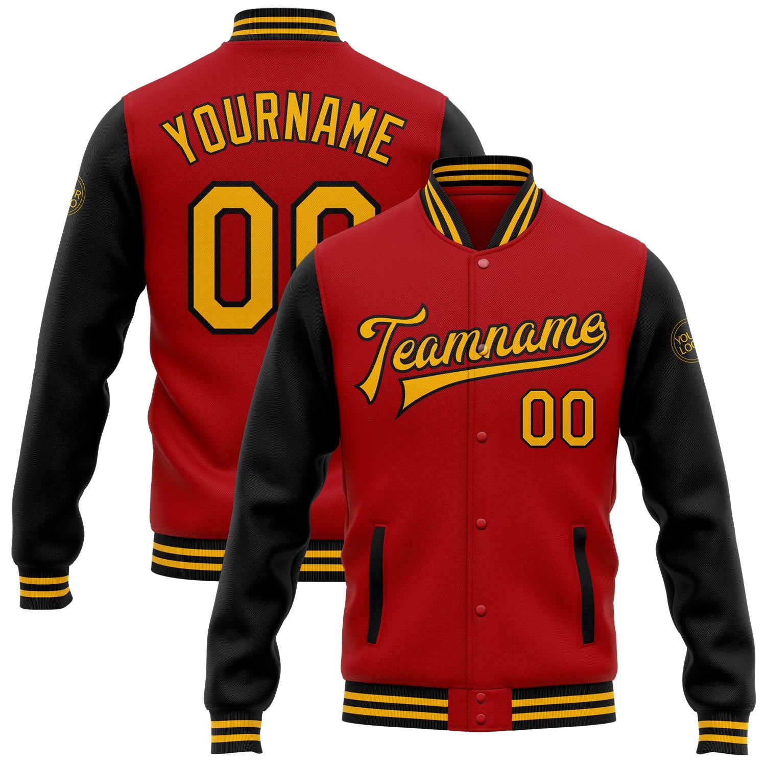 Custom Red Gold-Black Bomber Full-Snap Varsity Letterman Two Tone Jacket - Main View