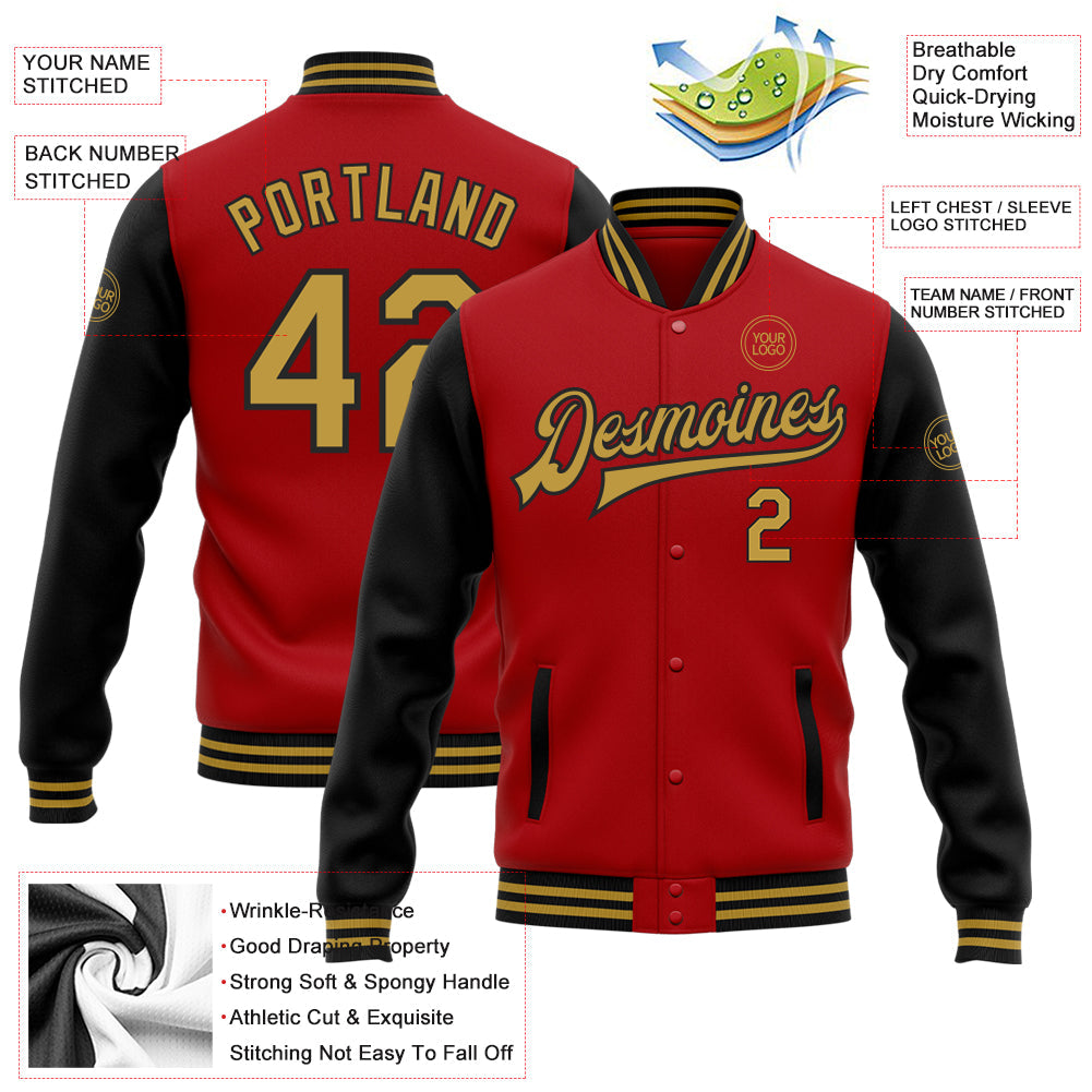 Custom Red Old Gold-Black Bomber Full-Snap Varsity Letterman Two Tone Jacket view 5