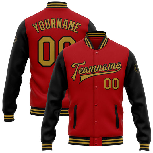 Custom Red Old Gold-Black Bomber Full-Snap Varsity Letterman Two Tone Jacket - Main View