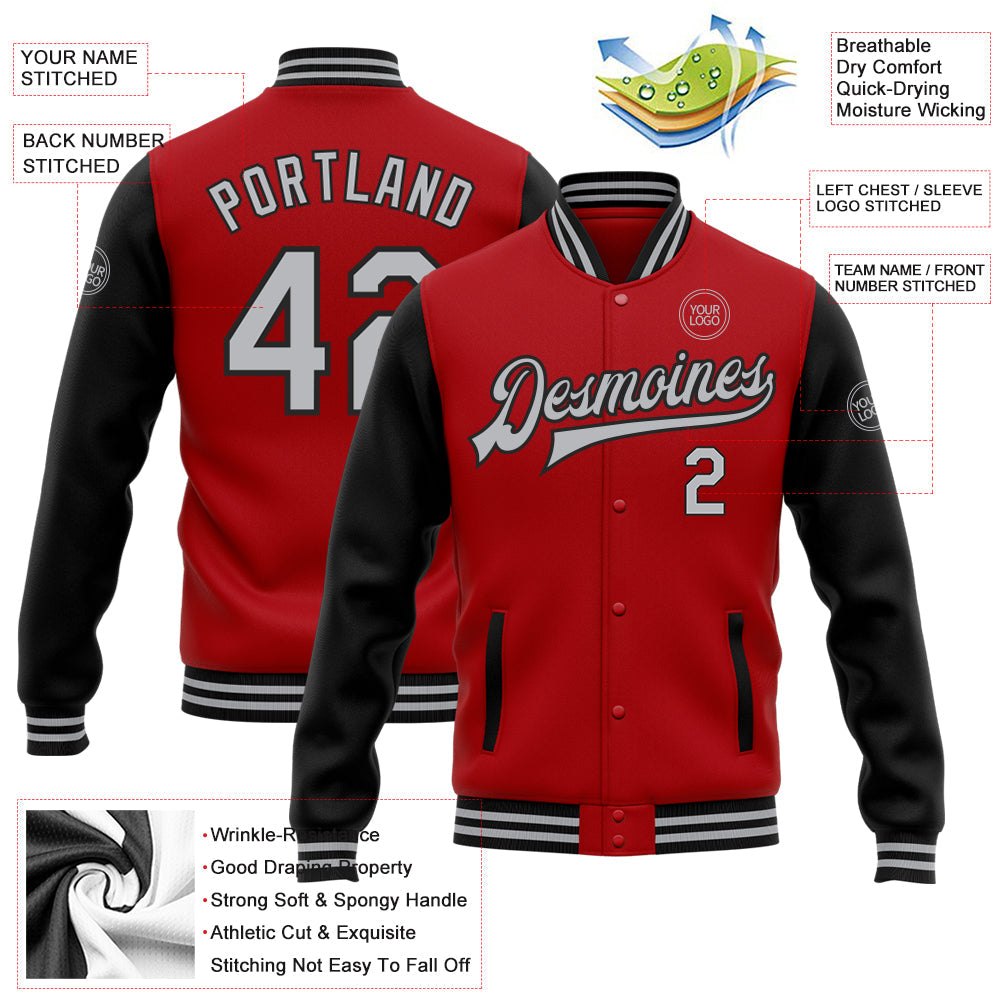 Custom Red Gray-Black Bomber Full-Snap Varsity Letterman Two Tone Jacket view 5