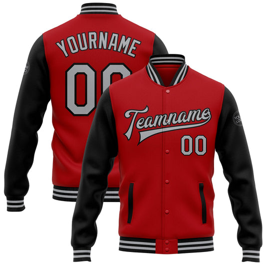 Custom Red Gray-Black Bomber Full-Snap Varsity Letterman Two Tone Jacket - Main View