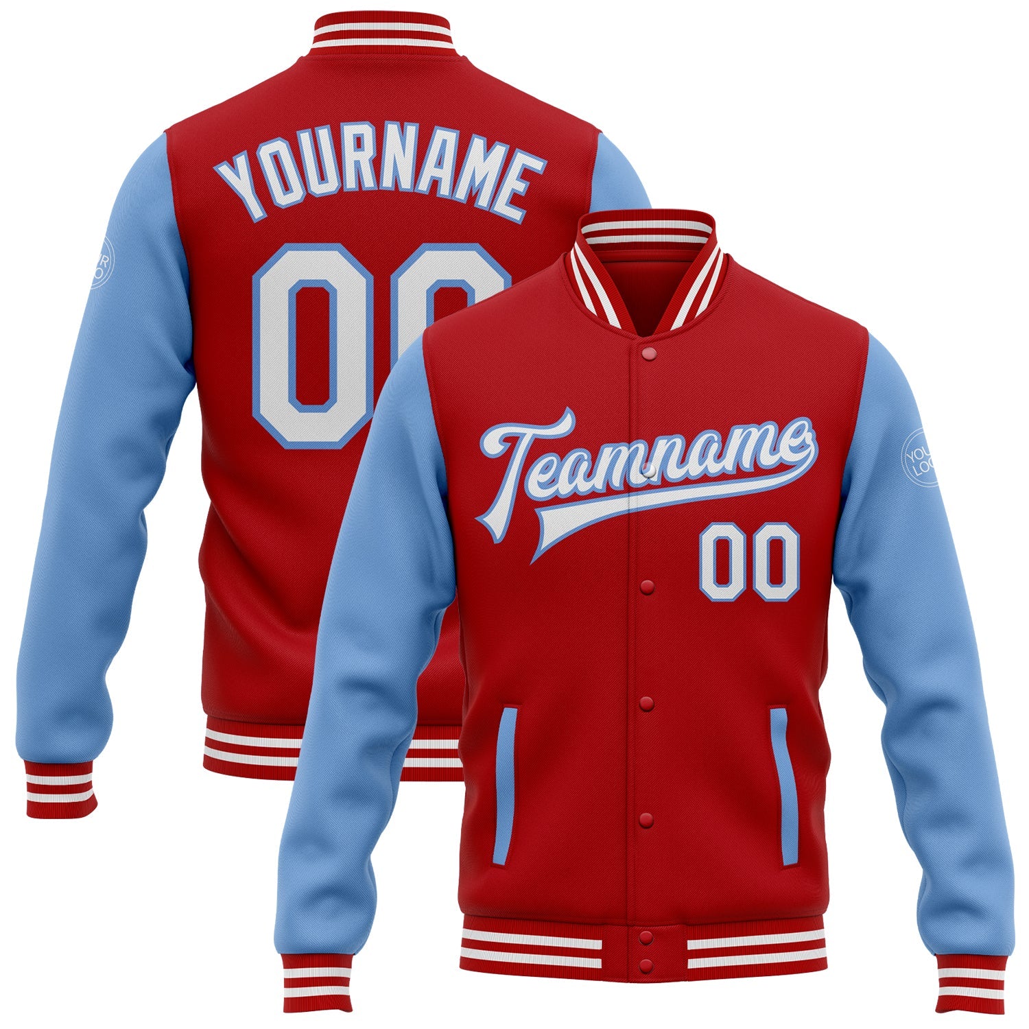 Custom Red White-Light Blue Bomber Full-Snap Varsity Letterman Two Tone Jacket - Main View