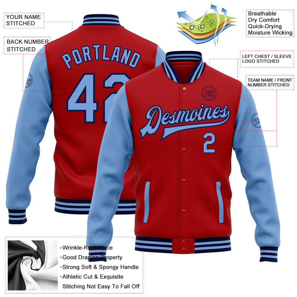 Custom Red Light Blue-Navy Bomber Full-Snap Varsity Letterman Two Tone Jacket view 5