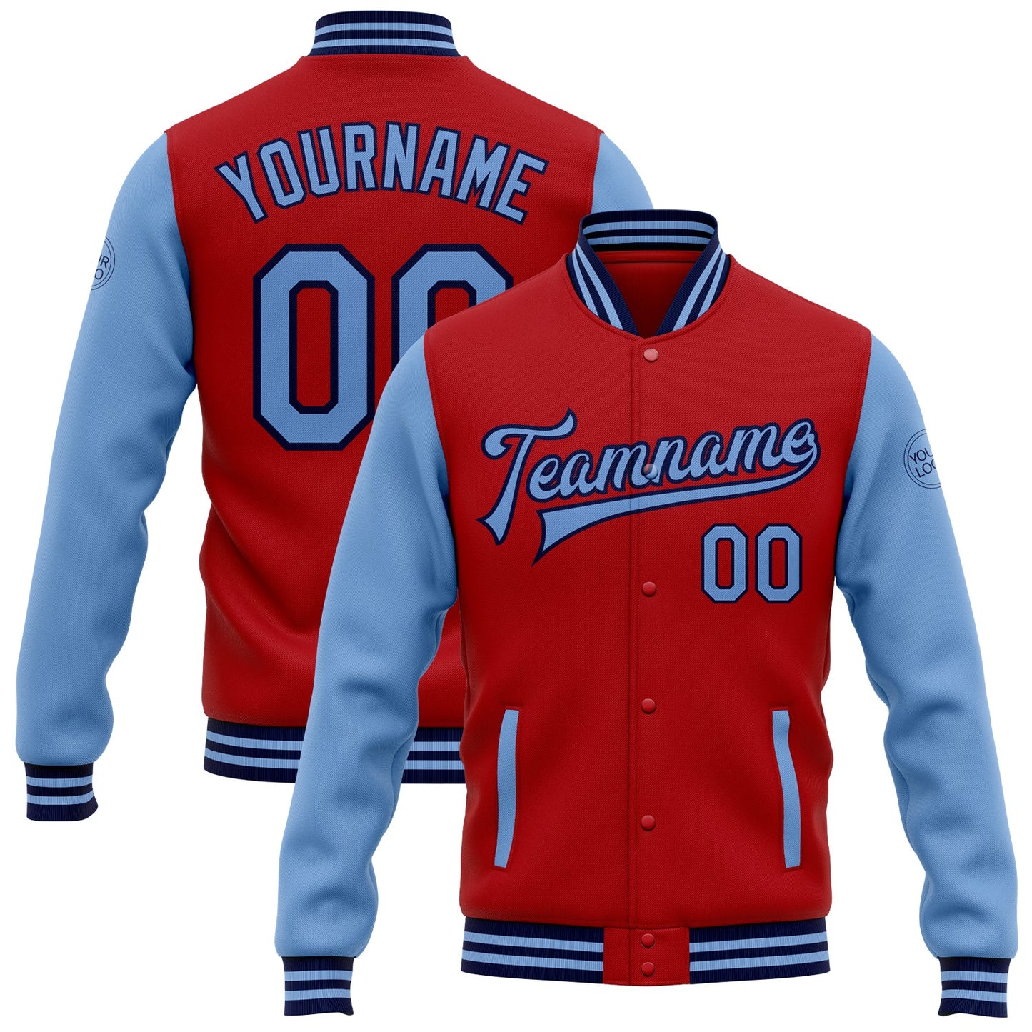 Custom Red Light Blue-Navy Bomber Full-Snap Varsity Letterman Two Tone Jacket - Main View