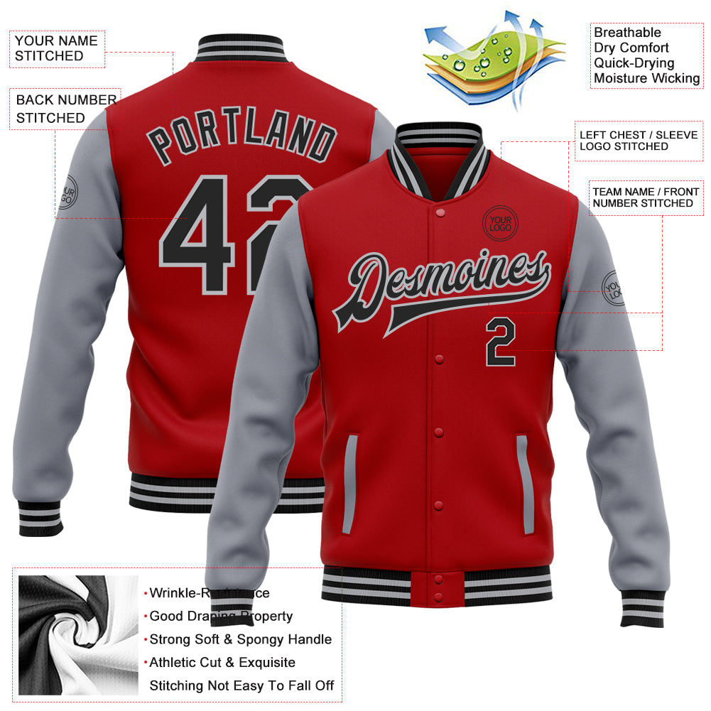 Custom Red Black-Gray Bomber Full-Snap Varsity Letterman Two Tone Jacket view 5