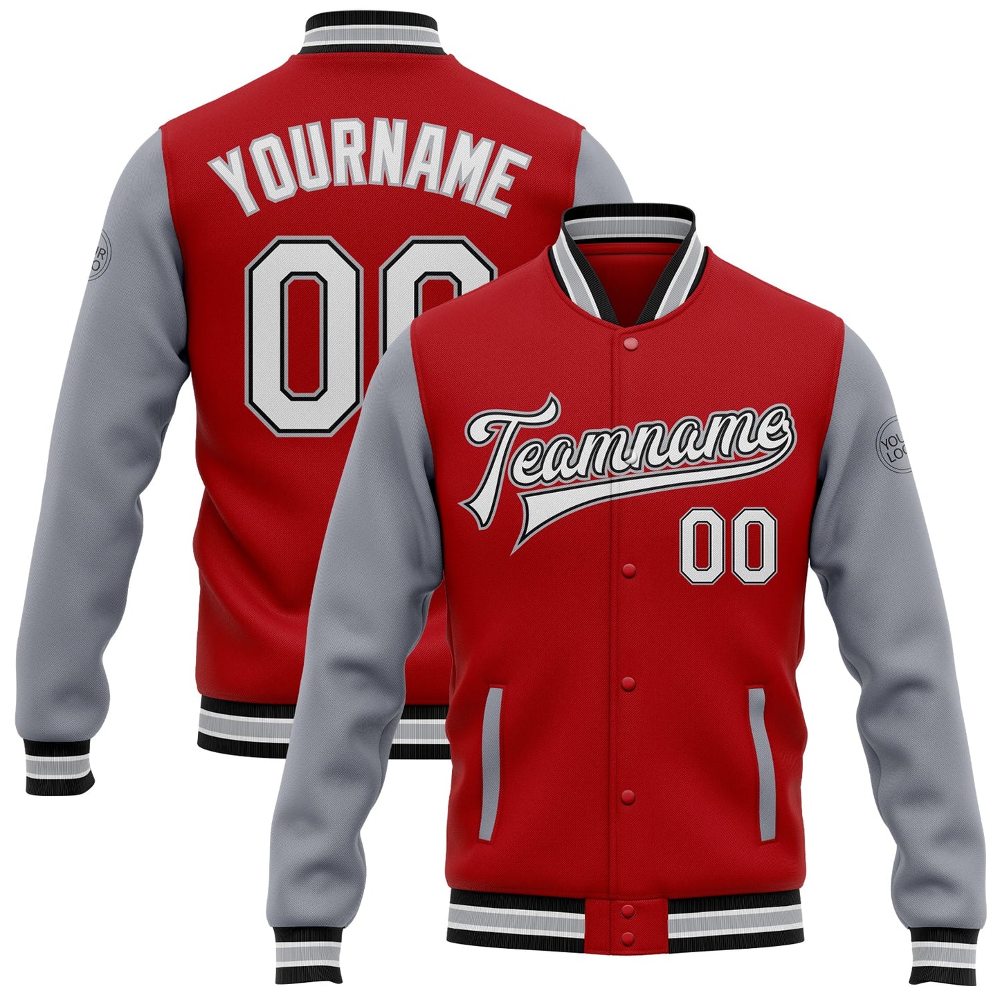 Custom Red White Black-Gray Bomber Full-Snap Varsity Letterman Two Tone Jacket - Main View