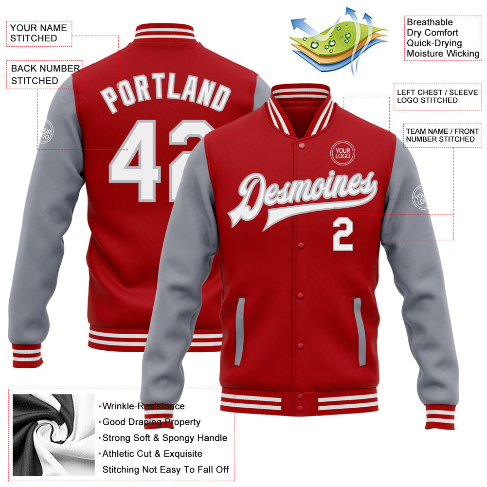Custom Red White-Gray Bomber Full-Snap Varsity Letterman Two Tone Jacket view 5