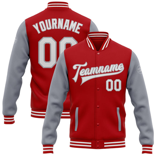 Custom Red White-Gray Bomber Full-Snap Varsity Letterman Two Tone Jacket - Main View