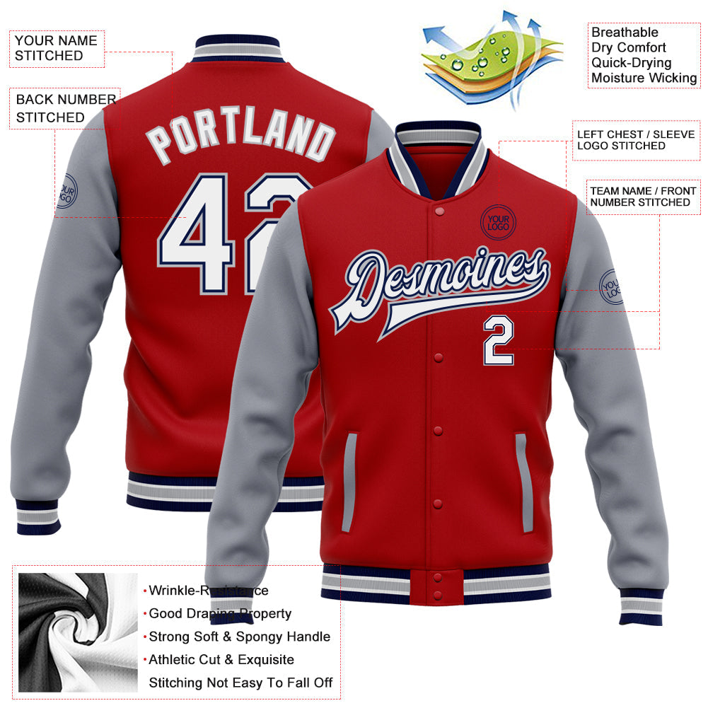 Custom Red White Navy-Gray Bomber Full-Snap Varsity Letterman Two Tone Jacket view 5
