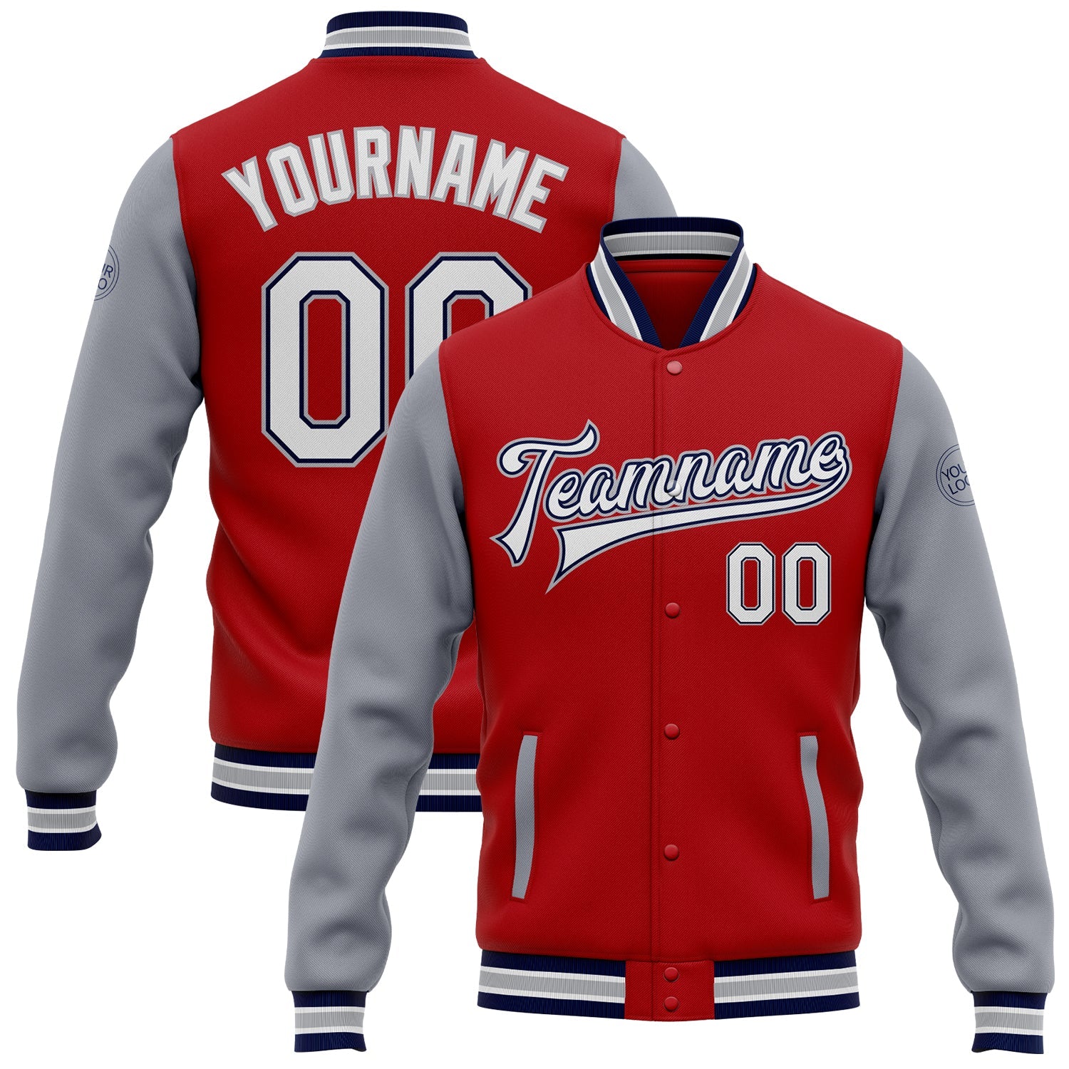 Custom Red White Navy-Gray Bomber Full-Snap Varsity Letterman Two Tone Jacket - Main View