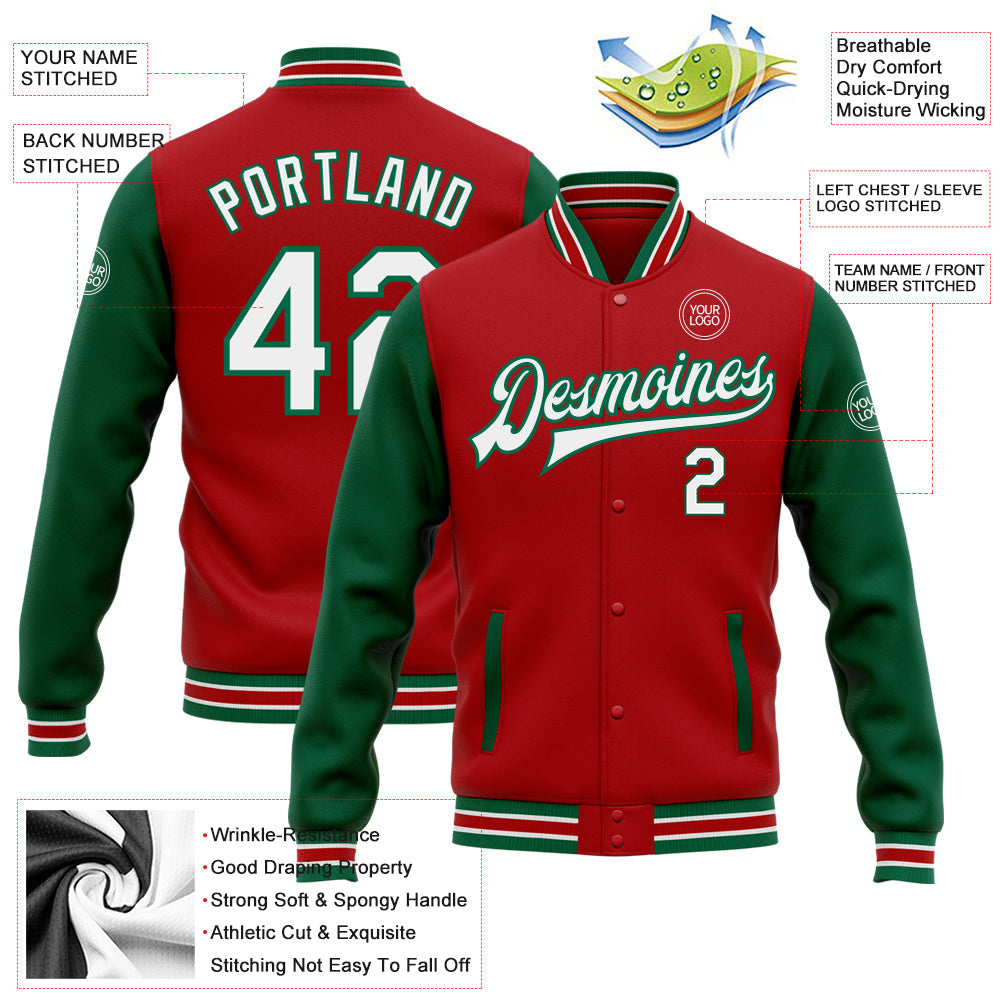 Custom Red White-Kelly Green Bomber Full-Snap Varsity Letterman Two Tone Jacket view 5