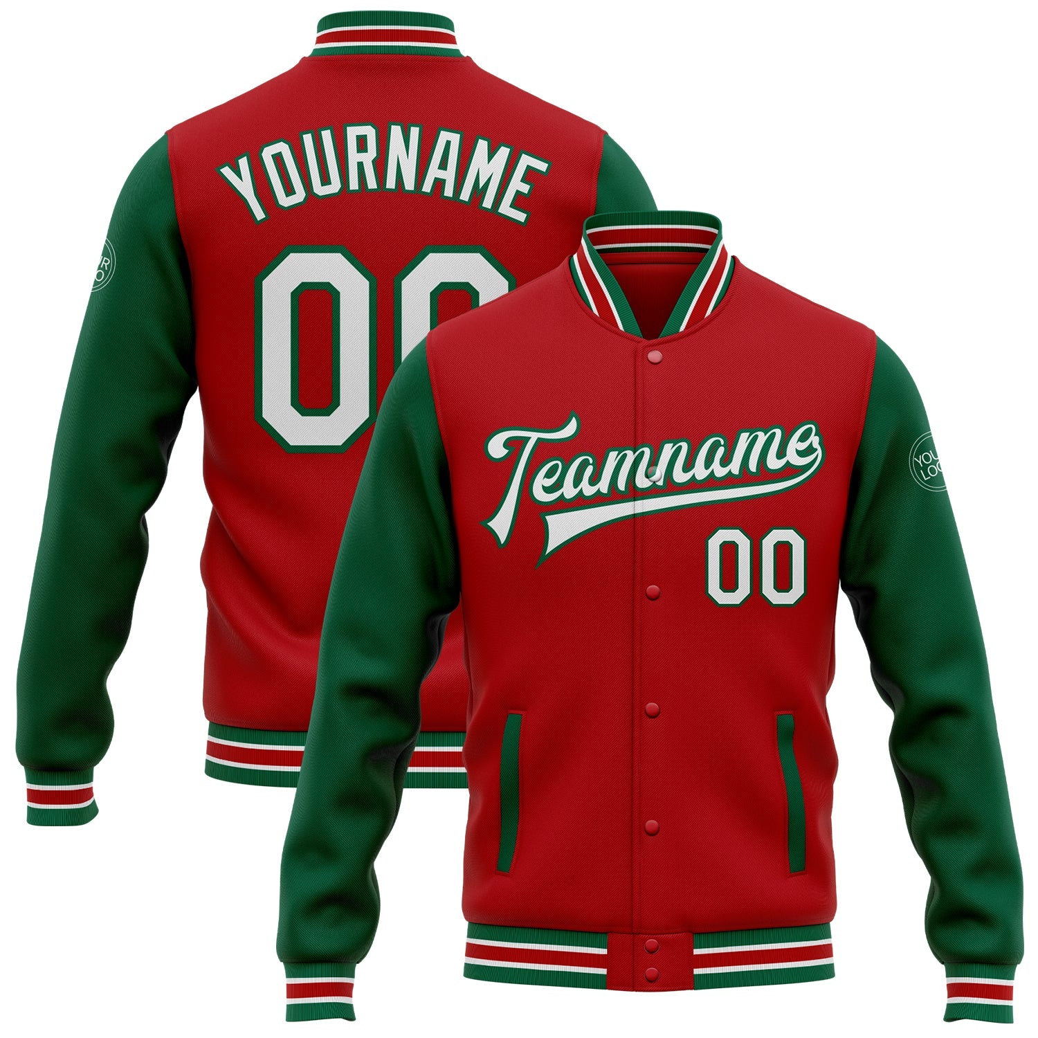 Custom Red White-Kelly Green Bomber Full-Snap Varsity Letterman Two Tone Jacket - Main View