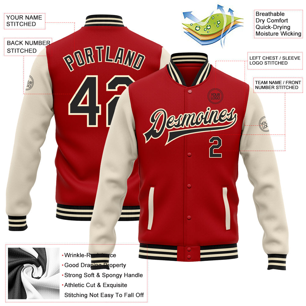 Custom Red Black-Cream Bomber Full-Snap Varsity Letterman Two Tone Jacket view 5