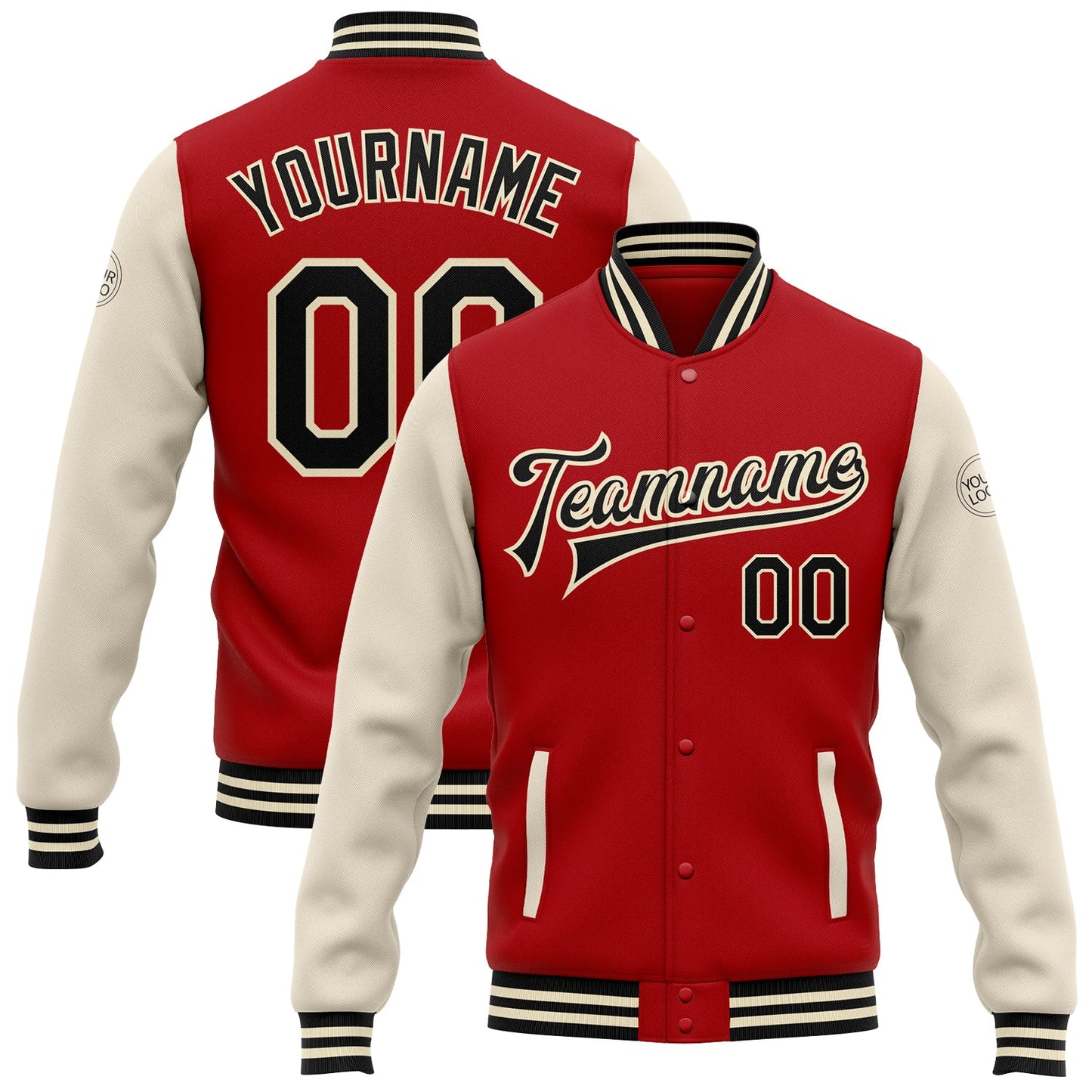 Custom Red Black-Cream Bomber Full-Snap Varsity Letterman Two Tone Jacket - Main View