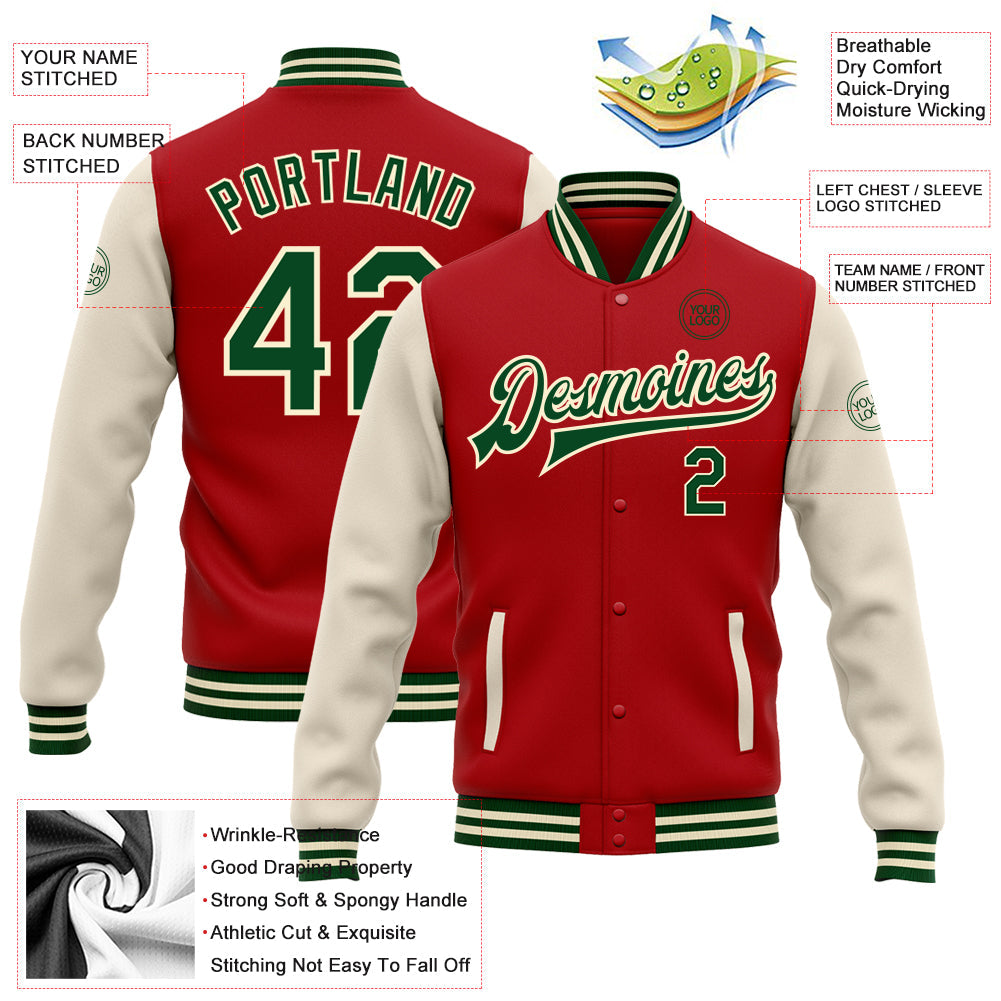 Custom Red Green-Cream Bomber Full-Snap Varsity Letterman Two Tone Jacket view 5