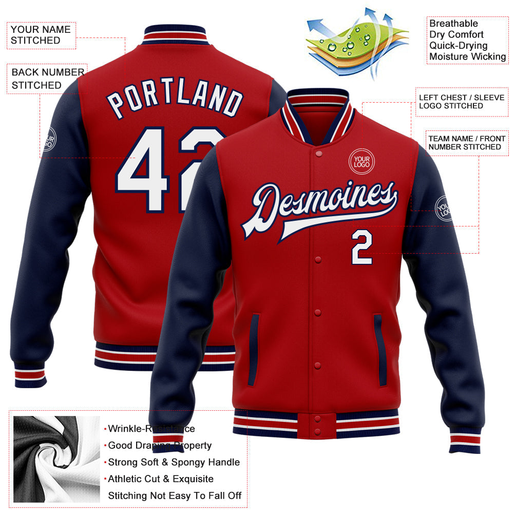 Custom Red White-Navy Bomber Full-Snap Varsity Letterman Two Tone Jacket view 5