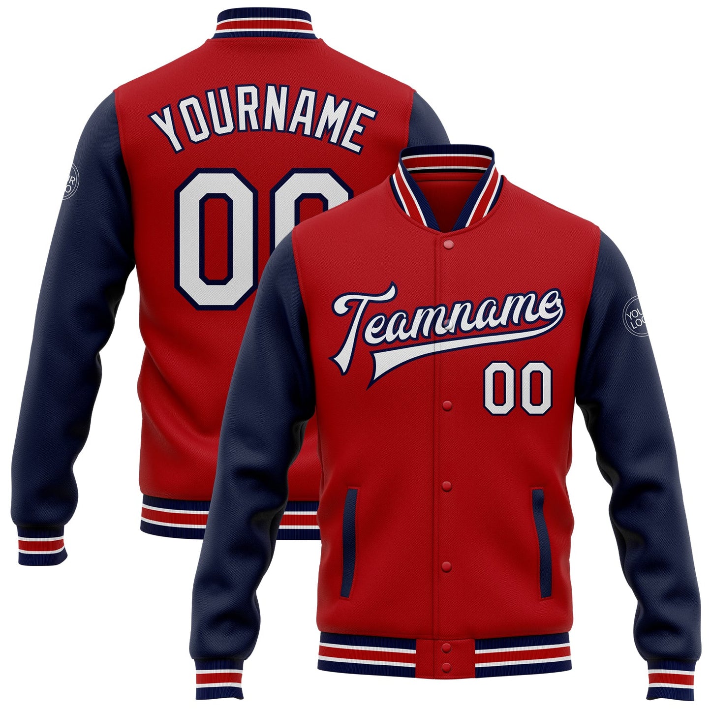 Custom Red White-Navy Bomber Full-Snap Varsity Letterman Two Tone Jacket - Main View