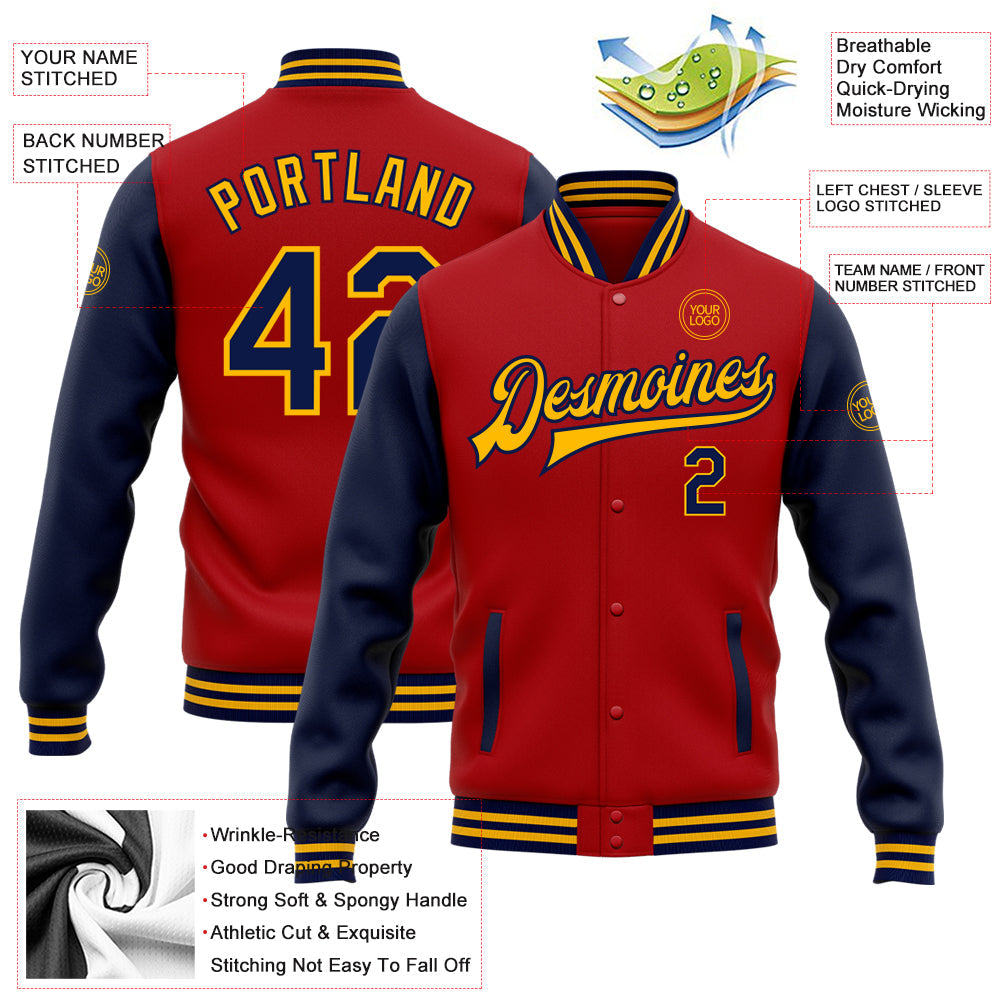 Custom Red Navy-Gold Bomber Full-Snap Varsity Letterman Two Tone Jacket view 5