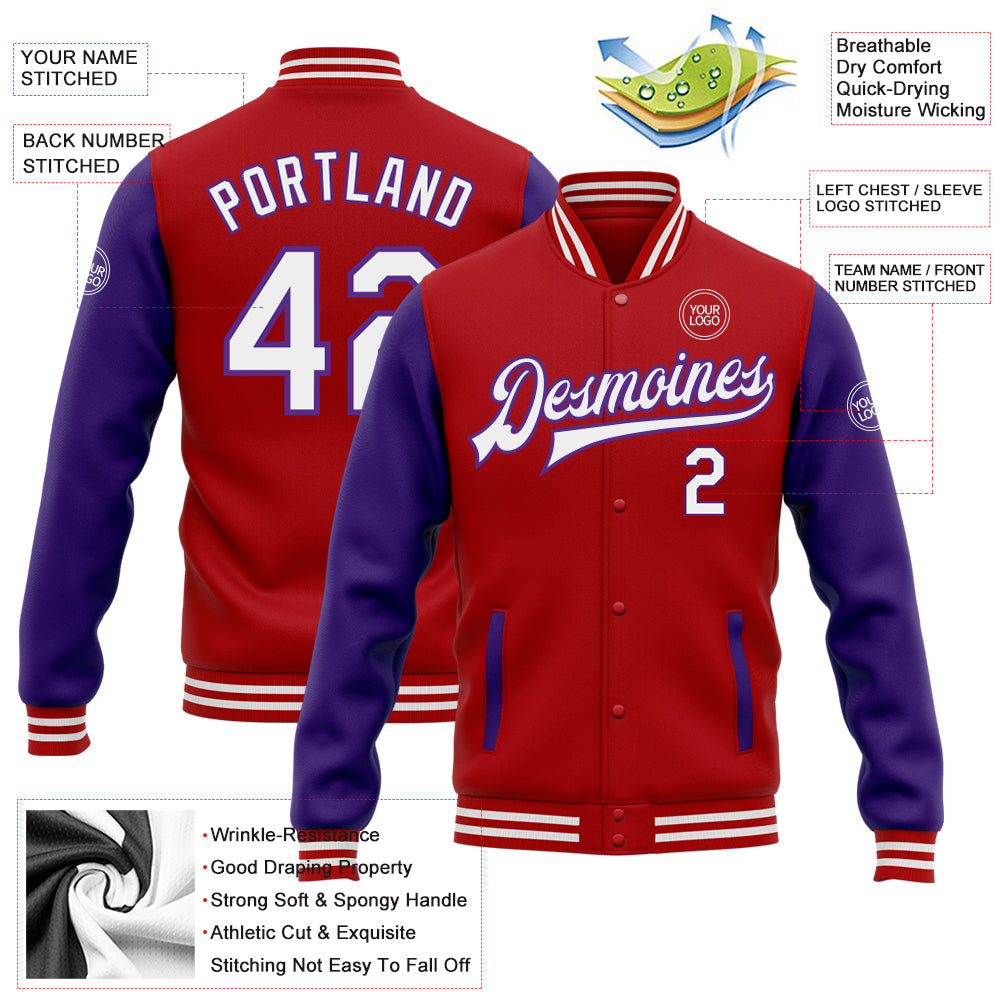 Custom Red White-Purple Bomber Full-Snap Varsity Letterman Two Tone Jacket view 5